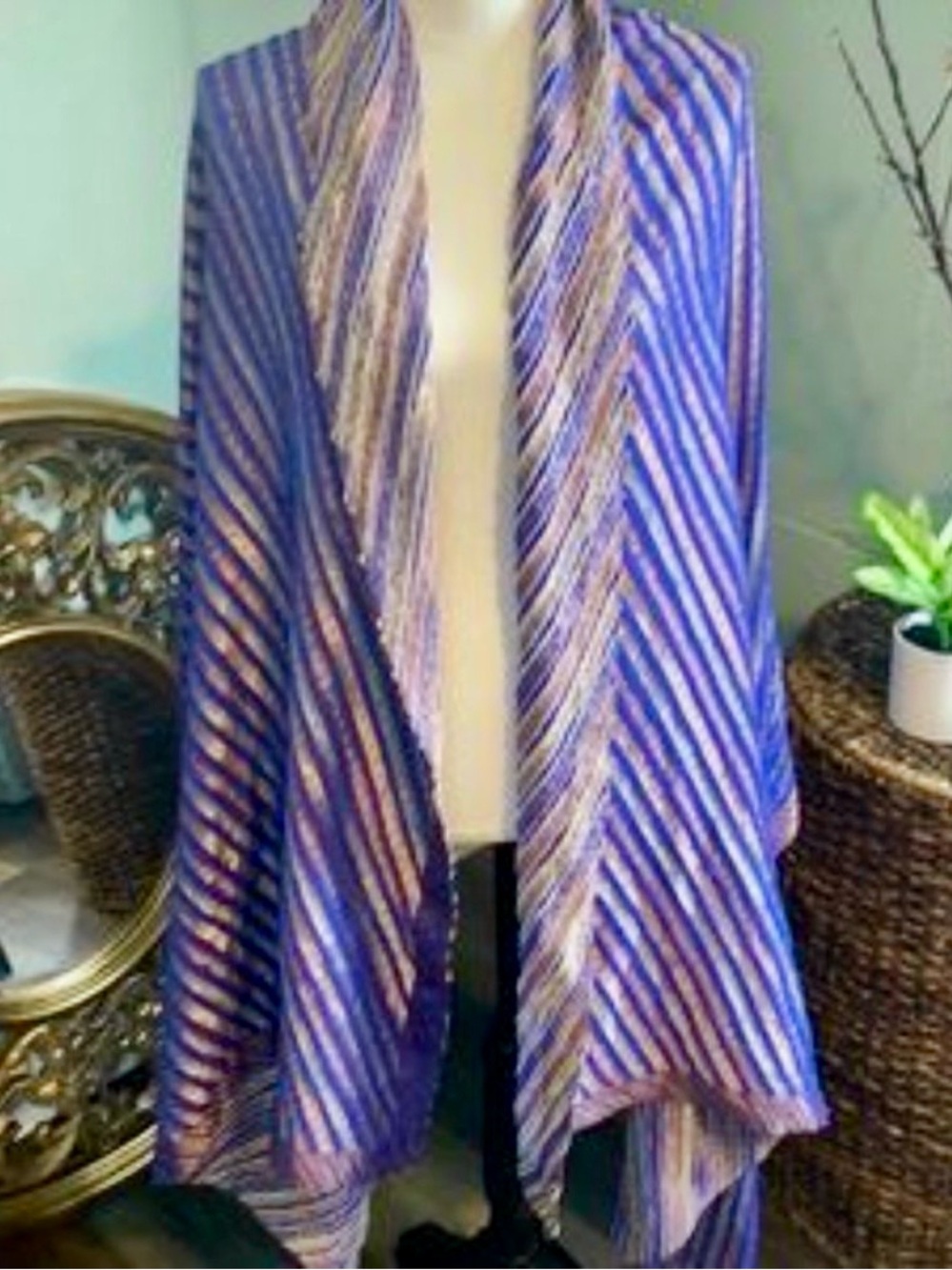 Striped Luxy Indigo & Gold & Bronze Textured Wrap Shawl Scarf Dupatta Chunni - Picture 9 of 11